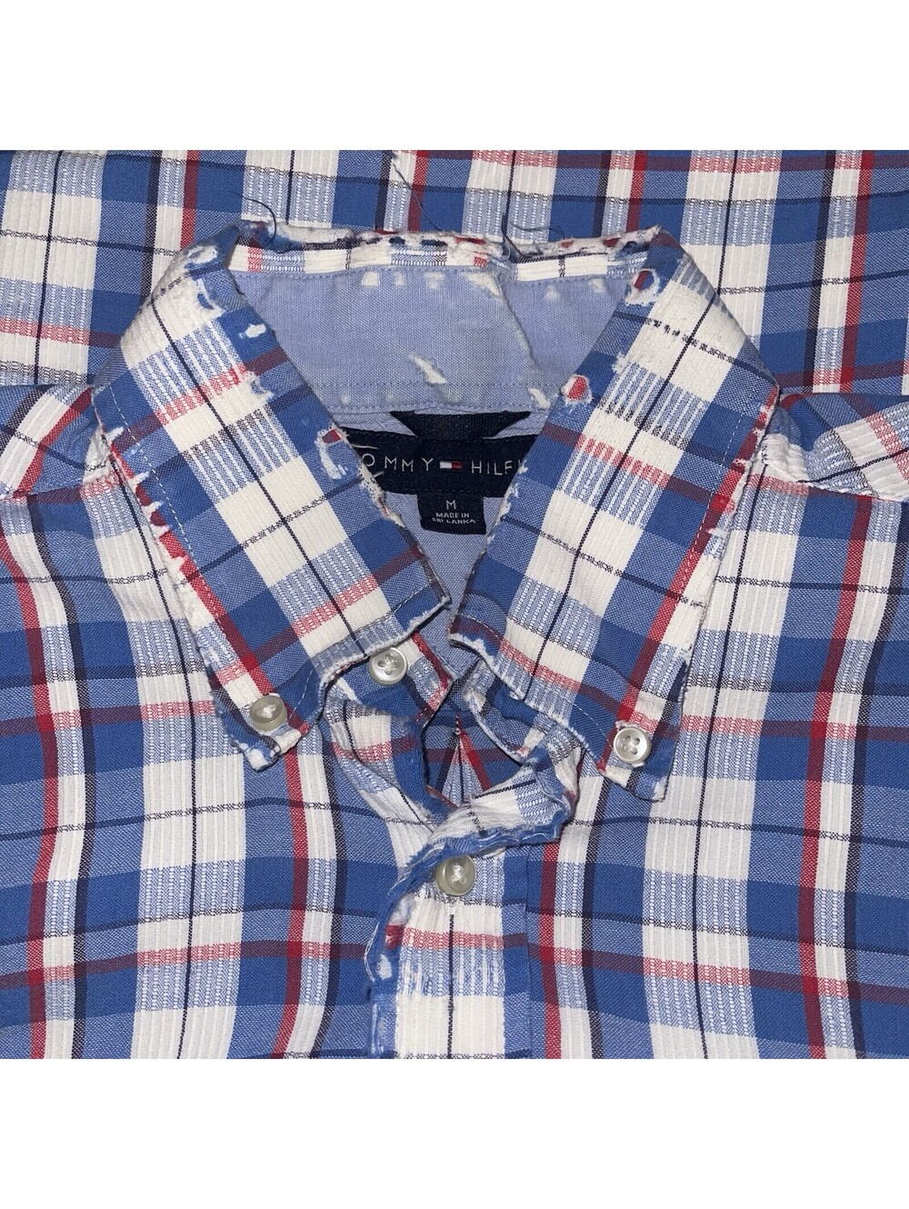 Tommy Hilfiger Shirt Men's Medium Naturally Distressed Button Plaid Thrashed Y2K
